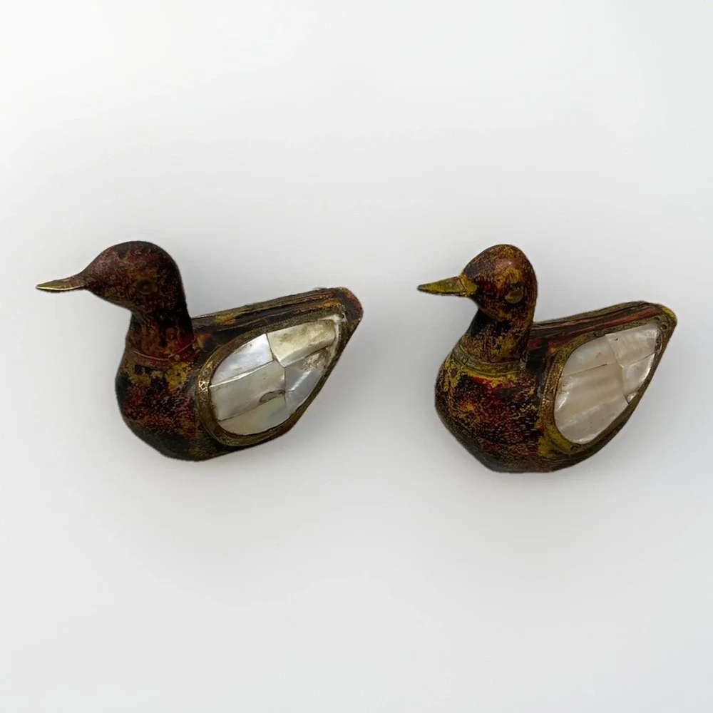 Vtg Set 2 Wood Handcarved Duck w/Brass & Pearl Decorative Inlays Charles Marcak